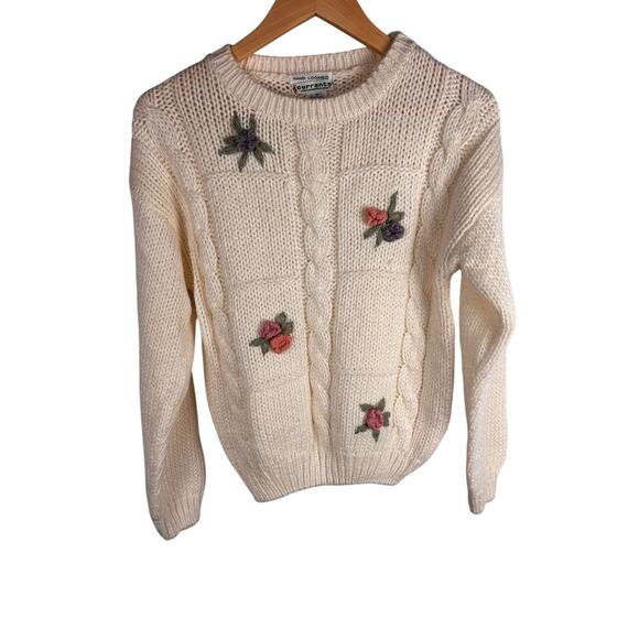 Currants Sweaters - Hand Loomed Currants Vintage Chunky Knit Flower Ivory Sweater Medium Cottagecore